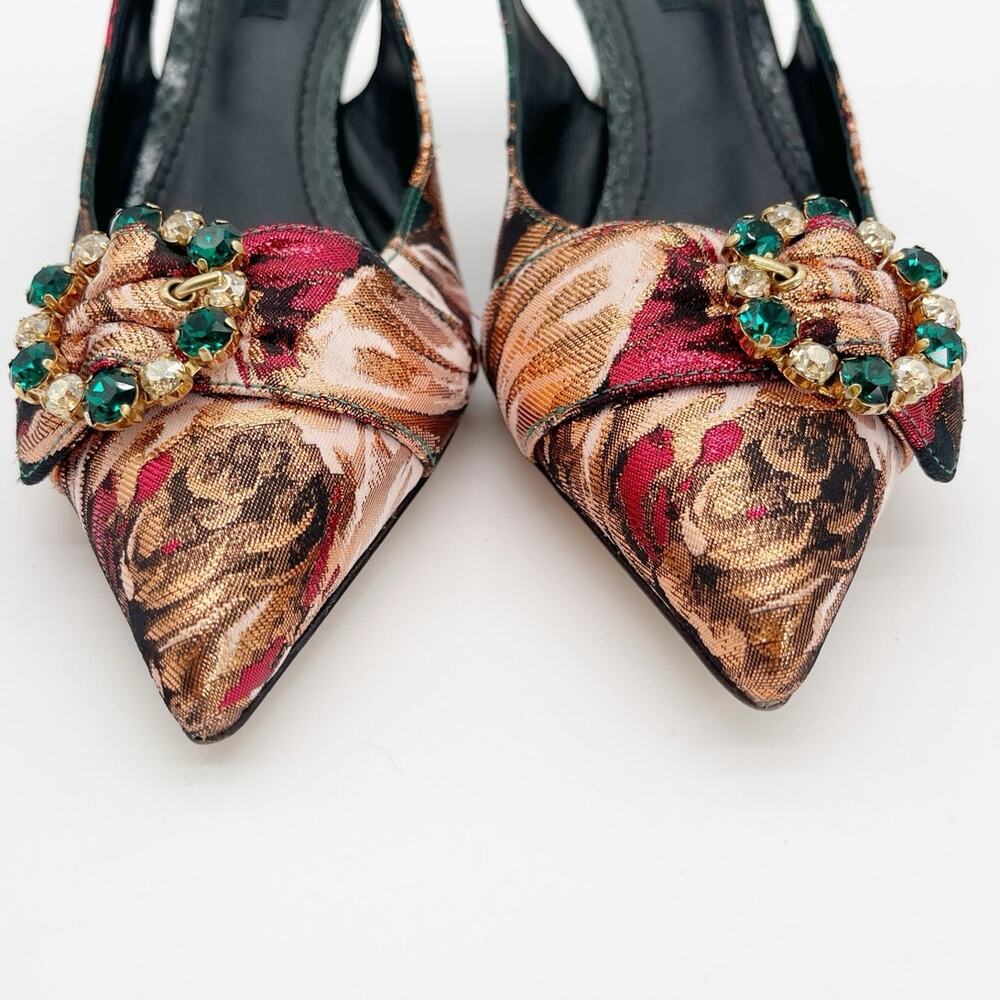 Dolce & Gabbana Floral Brocade Crystal Pointed Toe Slingback Heels IT 37 - Picture 7 of 13